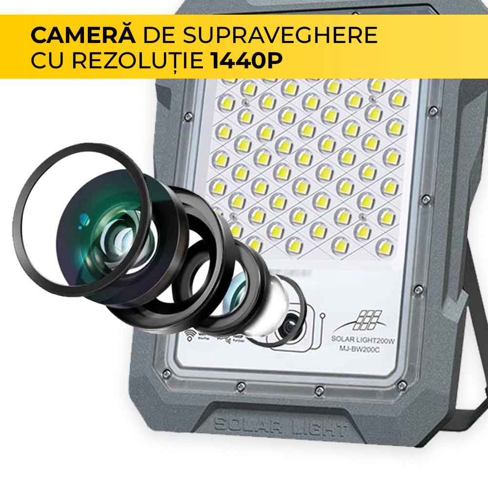 Proiector solar cu camera supraveghere integrata, lentila wide-angle pentru rezolutie 1440P