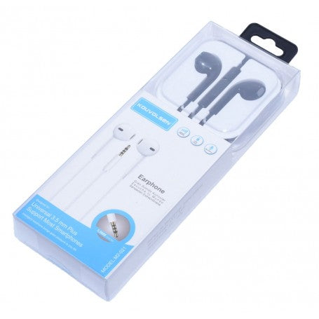 Casti audio tip dop cu fir jack 3.5mm, vedere frontala ambalaj, disponibile in alb si gri