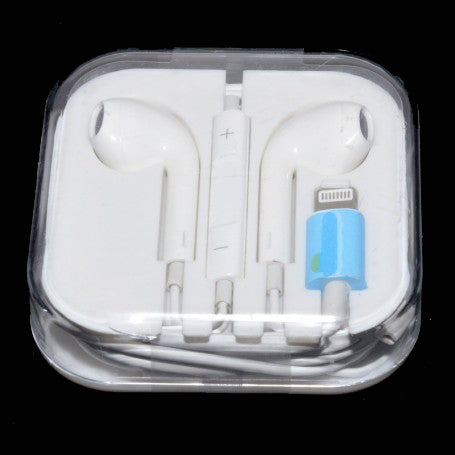 Casti cu fir Lightning in ambalaj transparent, conector protejat, cu telecomanda volum pe cablu