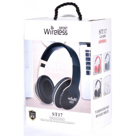 Cutie produs casti wireless ST17, disponibile in mai multe culori, cu slot TF si FM