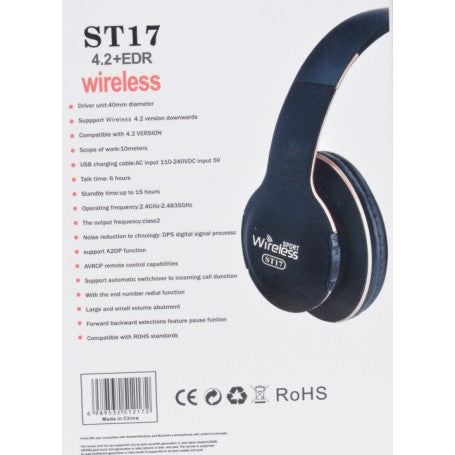 Specificatii tehnice casti wireless Bluetooth 4.2+EDR, driver 40mm, standby 15 ore
