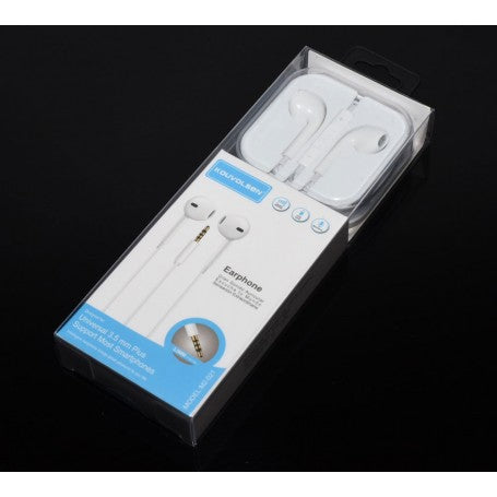 Casti audio cu fir Jack 3.5mm albe in cutie transparenta, vedere frontala apropiata