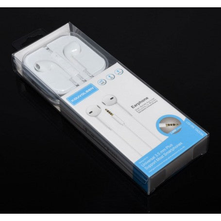 Casti audio tip dop universale albe in ambalaj, fundal inchis, detaliu conector aurit