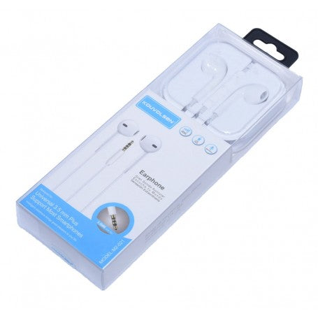 Casti audio tip dop albe Jack 3.5mm in ambalaj, vedere laterala cu detaliu control volum