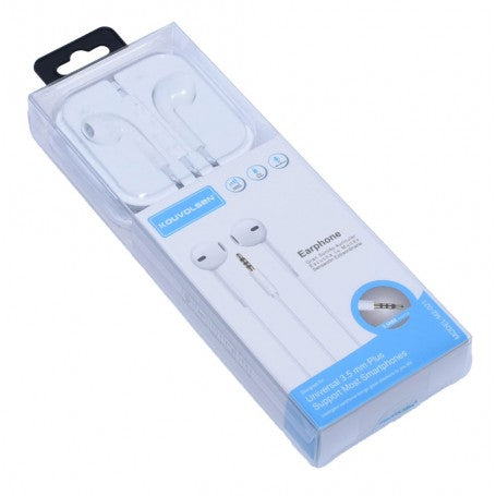 Casti audio cu fir albe in cutie transparenta, vedere frontala cu cablu si butoane vizibile