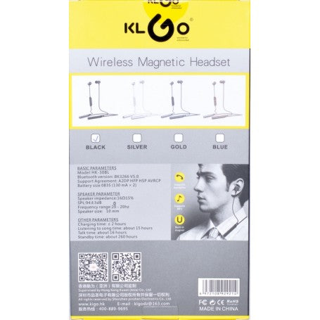 Spatele cutiei castilor wireless magnetice cu specificatii tehnice si variante de culori disponibile