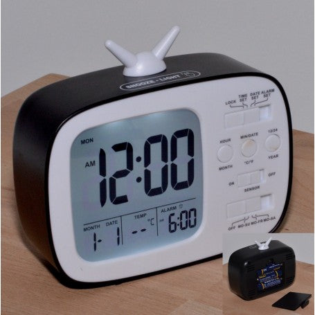 Ceas digital LED stil TV retro cu alarma, termometru integrat si afisaj LCD mare, disponibil in negru