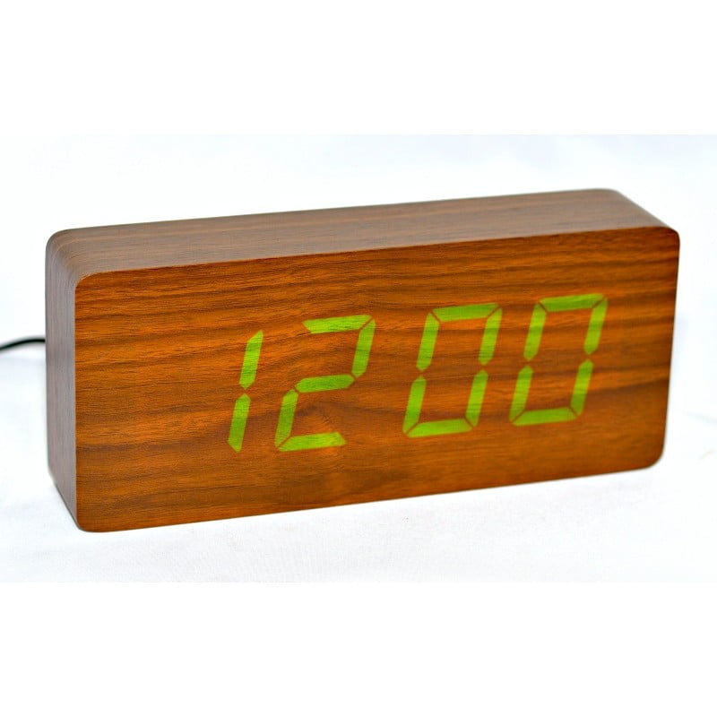 Ceas digital LED verde, carcasa lemn mahon, afisaj ora mare, alimentare USB, 3 niveluri luminozitate