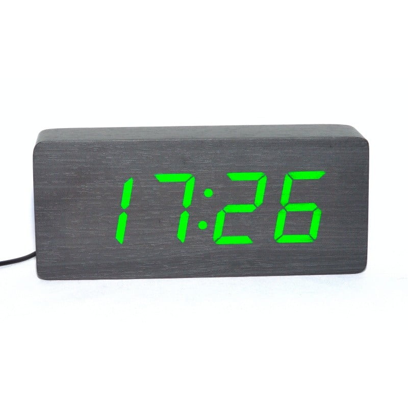 Ceas digital LED verde, design lemn negru, display mare cu ora, alimentare USB, pentru birou sau dormitor
