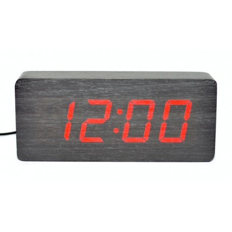 Ceas digital LED rosu mare, carcasa lemn negru, afisaj ora, alimentare USB sau baterii AA
