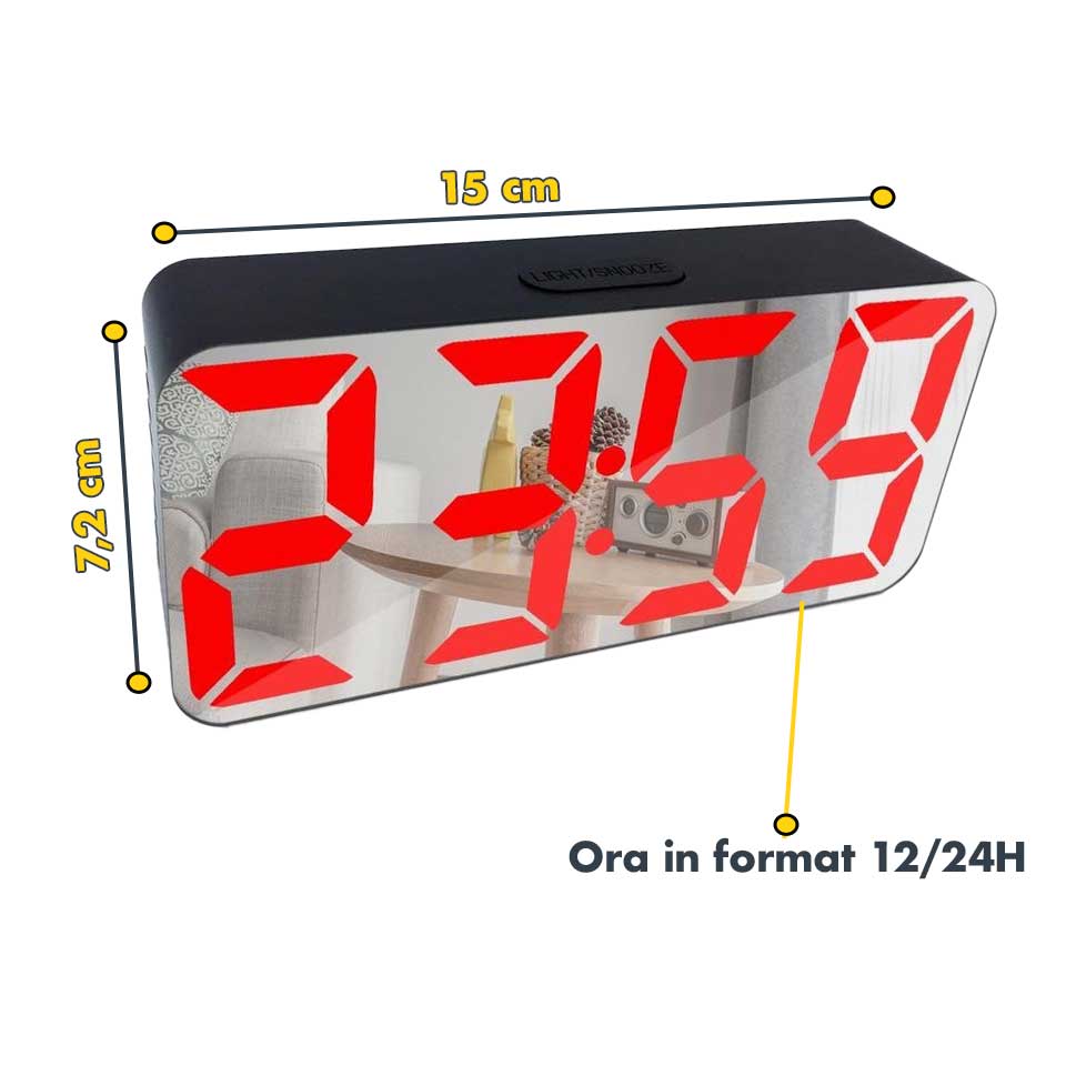 Ceas digital oglinda cu LED rosu, dimensiuni 15x7.2 cm, format ora 12/24H