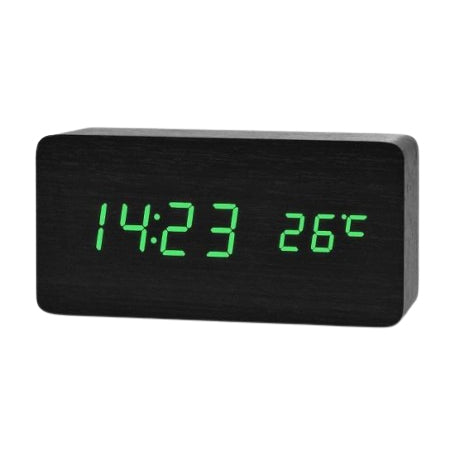 Ceas digital LED verde din lemn negru, afisaj ora si temperatura, activare la sunet sau atingere