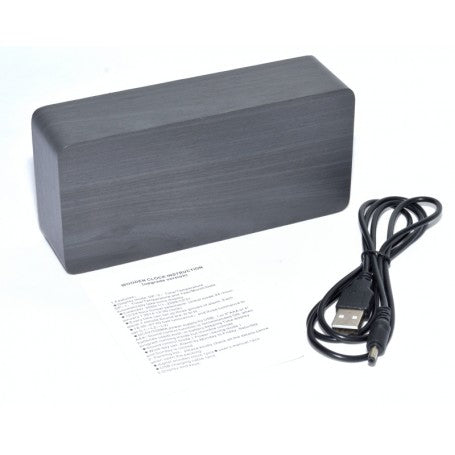 Ceas digital din lemn negru, continut cutie: cablu USB si manual de utilizare