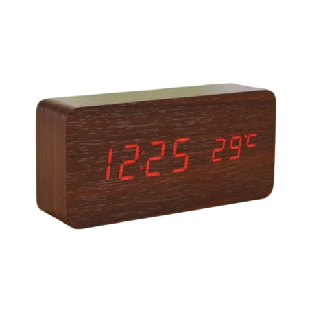Ceas digital LED rosu din lemn mahon cu afisaj ora si termometru integrat