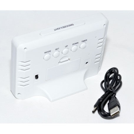 Ceas electronic LCD vedere spate cu butoane de setare, suport si cablu USB inclus