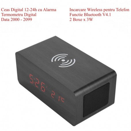 Ceas digital cu alarma, termometru si data, Bluetooth V4.1, 2 boxe x 3W, display LED rosu