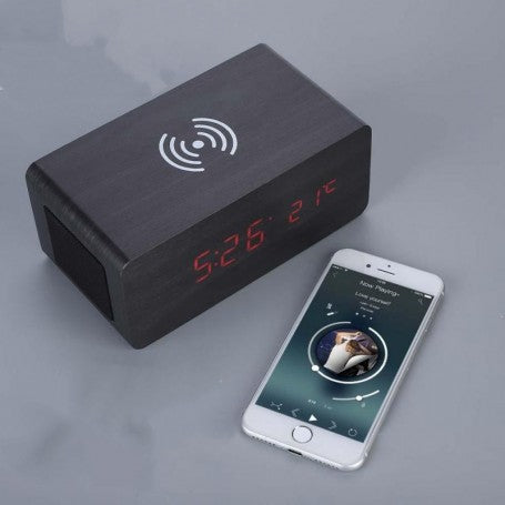 Ceas cu incarcare wireless Qi asociat cu telefon prin Bluetooth, afisaj ora si temperatura