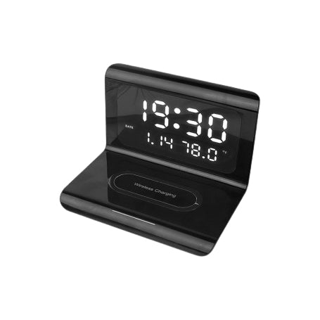 Ceas digital LED negru cu incarcare wireless Qi, afisaj ora, data si temperatura, design compact pentru birou