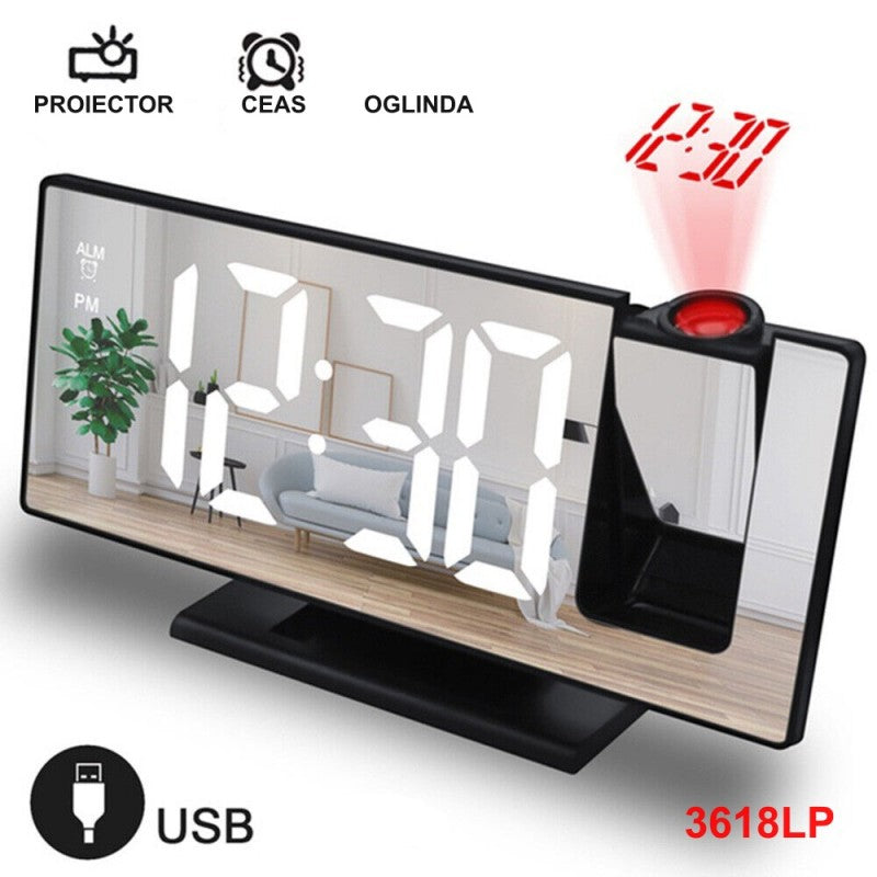 Ceas digital tip oglinda cu proiectie ora pe tavan, alimentare USB, afisaj LED alb mare