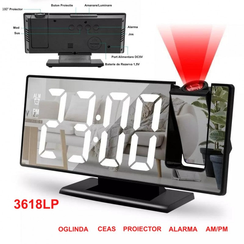 Ceas cu oglinda si proiector 180 grade, butoane si port DC5V detaliate, cu proiectie rosie pe perete