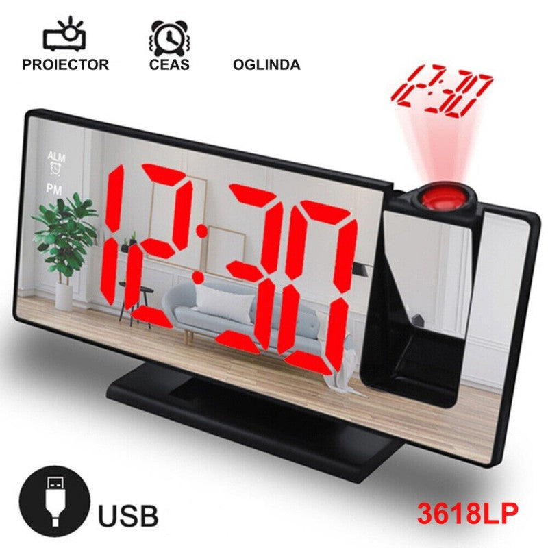 Ceas oglinda cu proiectie LED rosie pe tavan, alimentare USB, functie alarma si afisaj AM/PM
