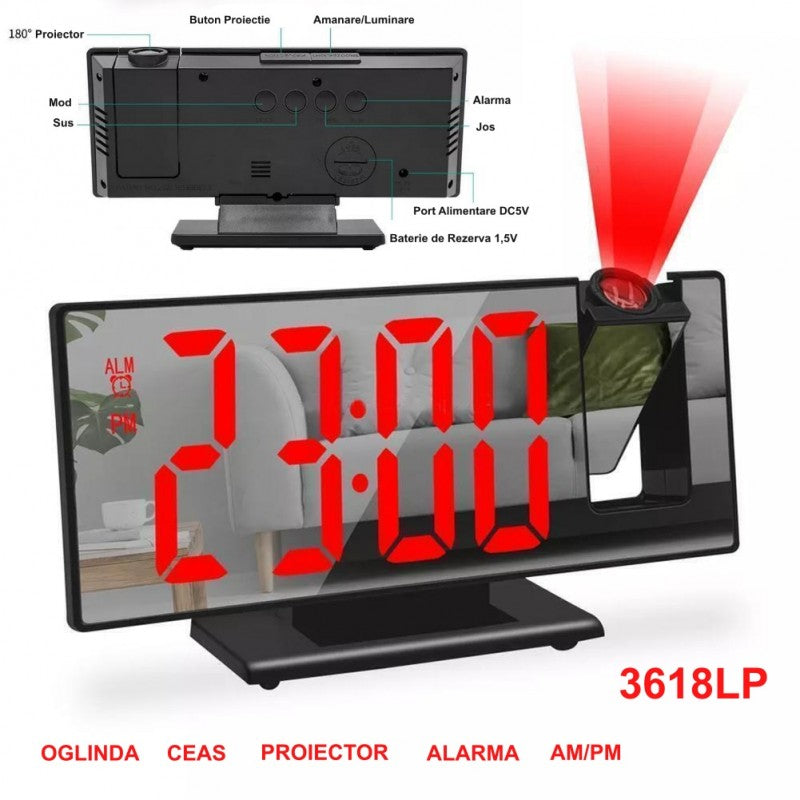 Ceas cu proiector 180° si display oglinda, butoane spate si port DC5V evidentiate, afisaj LED rosu