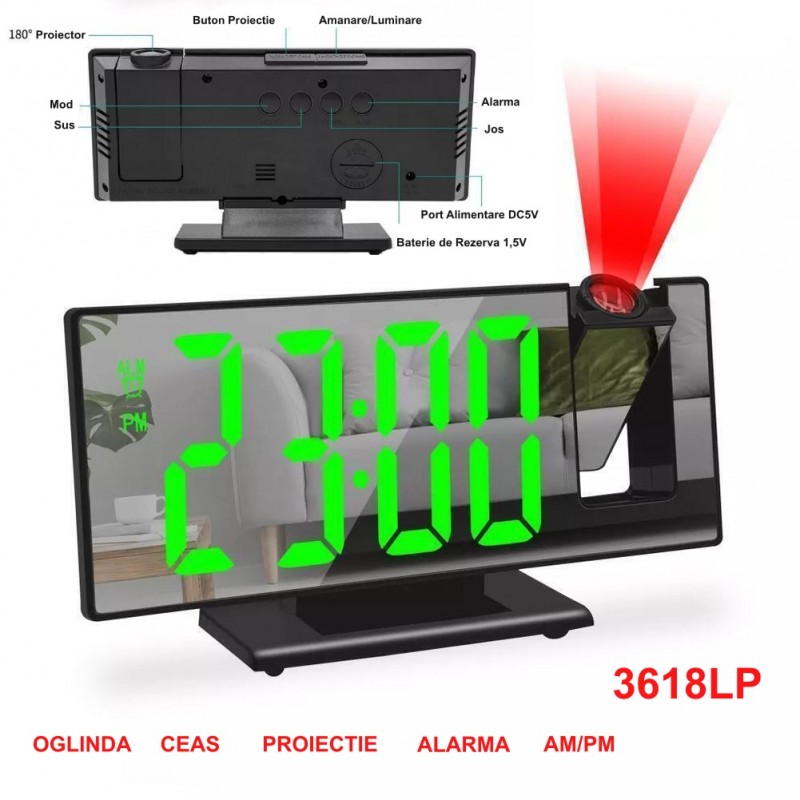 Ceas oglinda cu proiector laser rosu, butoane spate si port DC5V detaliate cu etichete