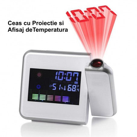 Ceas cu proiectie si afisaj temperatura, proiector LED rosu activ pe fundal alb