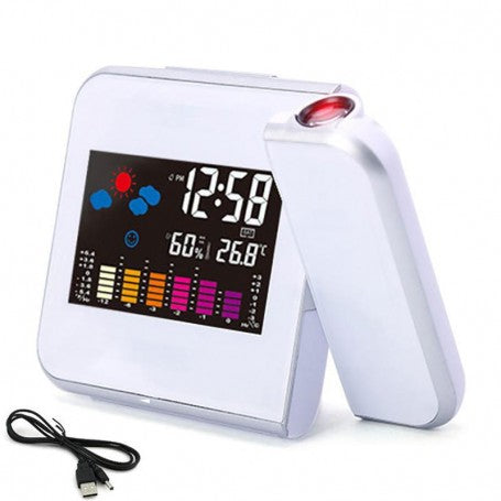 Ceas cu proiectie cu suport pliabil si cablu USB inclus, display meteo color
