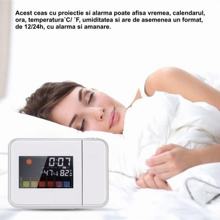 Ceas cu proiectie LED folosit pe noptiera, afisaj ora si umiditate, alarma cu snooze