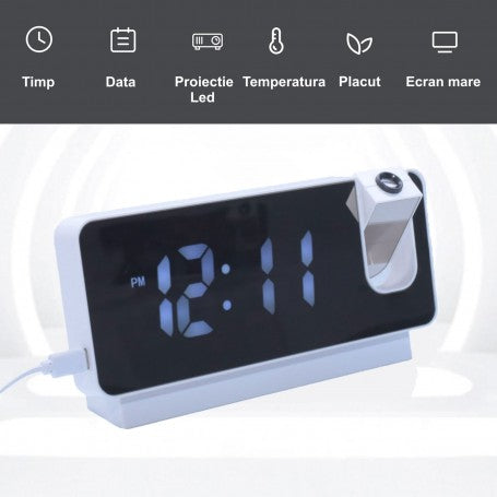 Ceas LED cu proiectie, ecran mare tip oglinda, functii timp, data, temperatura si alarma