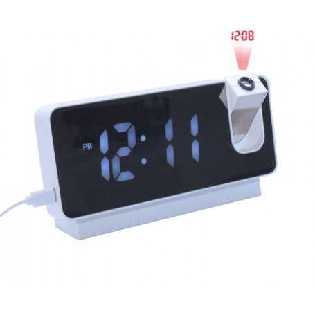 Ceas cu proiectie LED alb, display tip oglinda, alarma si termometru integrat, proiectie rotativa 180 grade