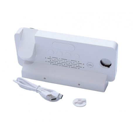 Spatele ceasului cu proiectie LED, cablu USB type-C inclus si baterie CR2032 de rezerva