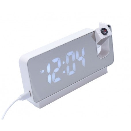 Ceas cu proiectie LED alb, vedere laterala cu brat proiector rotativ si display oglinda