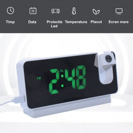 Ceas LED verde cu proiectie rotativa 180 grade, functii timp, data si temperatura