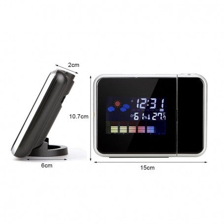 Ceas cu proiectie dimensiuni 15x11x2 cm, vedere laterala cu suport pliabil si display LCD color