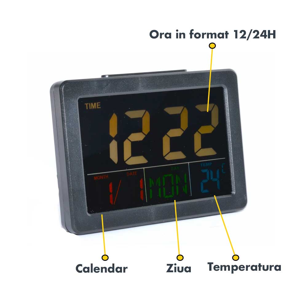 Ceas digital LCD cu functii indicate: ora format 12/24H, calendar, ziua saptamanii si temperatura