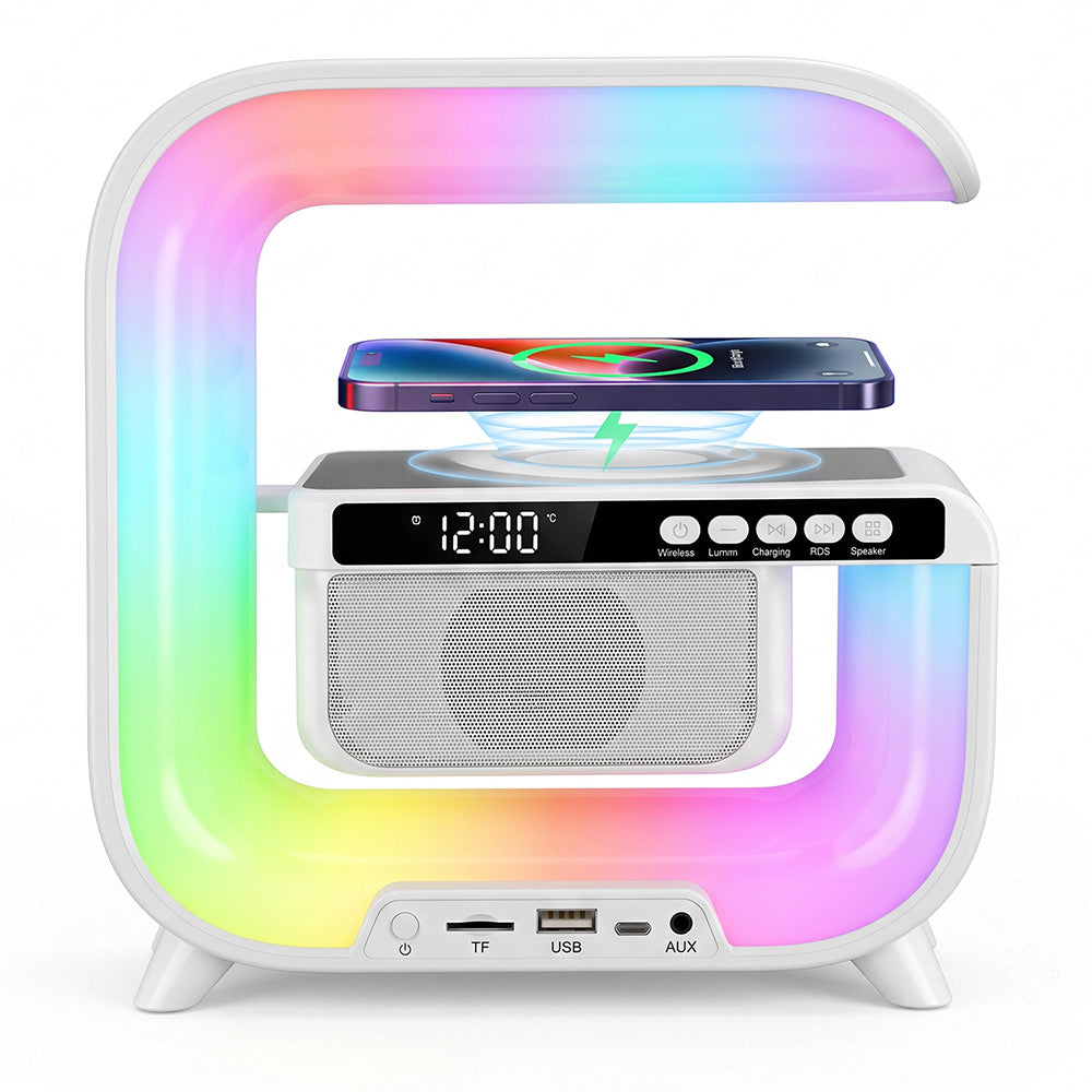 Ceas Digital cu Boxa Bluetooth, Incarcare Wireless 15W si Iluminare LED RGB