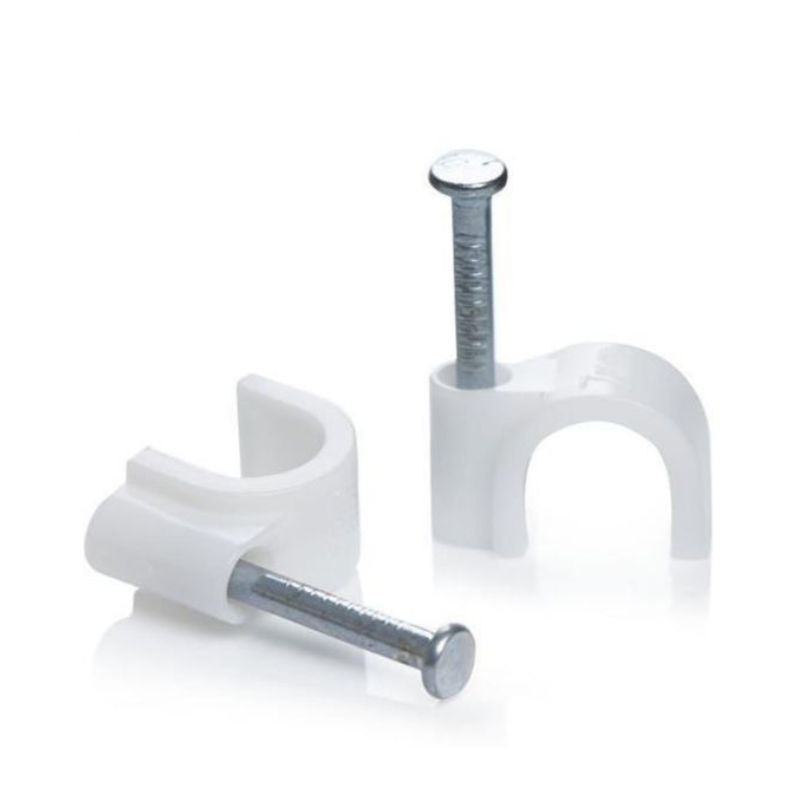 Cleme cu cui pentru fixare cablu 7mm, set 100 bucati, plastic alb cu cui metalic