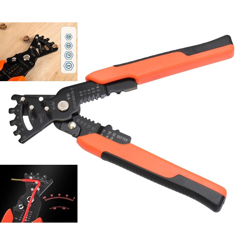 Cleste multifunctional cu functii ilustrate: chei fixe 5-8mm, scala unghi si decablare fire AWG 10-22