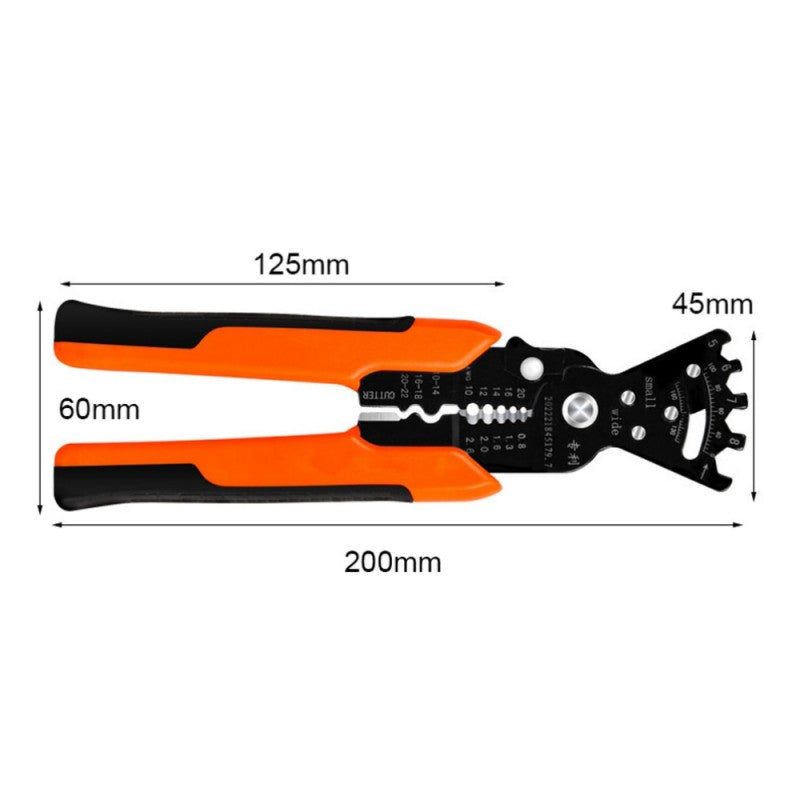 Cleste multifunctional cu dimensiuni inscriptionate: lungime 200mm, latime cap 45mm, inaltime maner 60mm