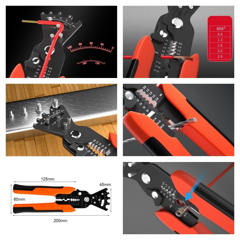 Cleste multifunctional detalii functionale: scala unghi, decablare fire litate, presare papuci electrici, dimensiuni 200mm