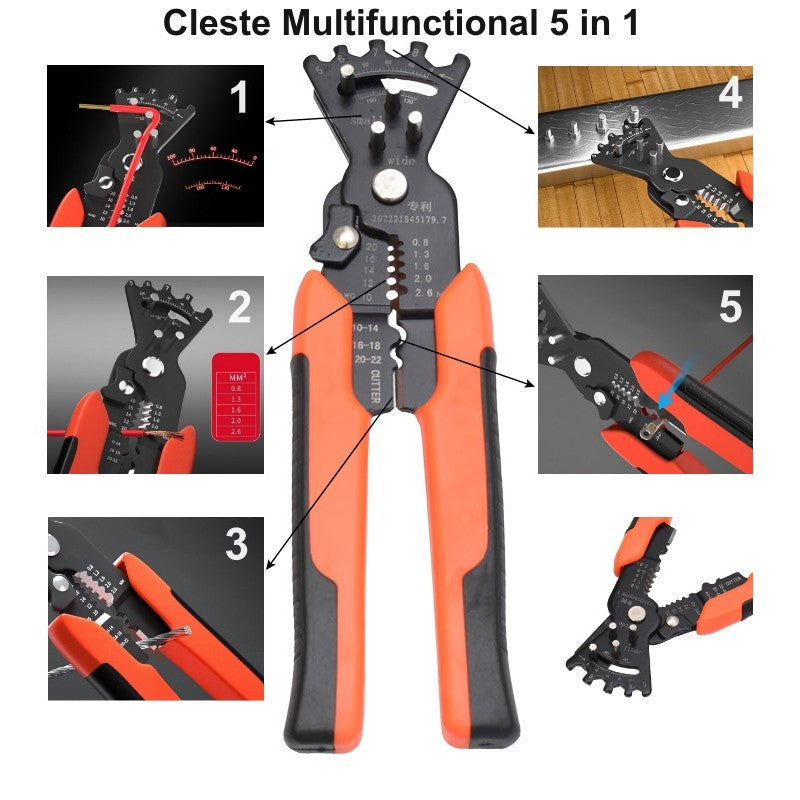 Cleste multifunctional 5 in 1 cu toate functiile numerotate: decablare, cutter, presare papuci, chei fixe 5-8mm