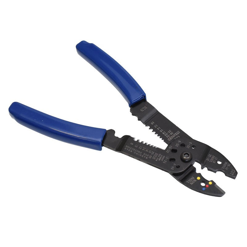 Cleste sertizat papuci electrici deschis, vedere unghi lateral, manere albastre ergonomice