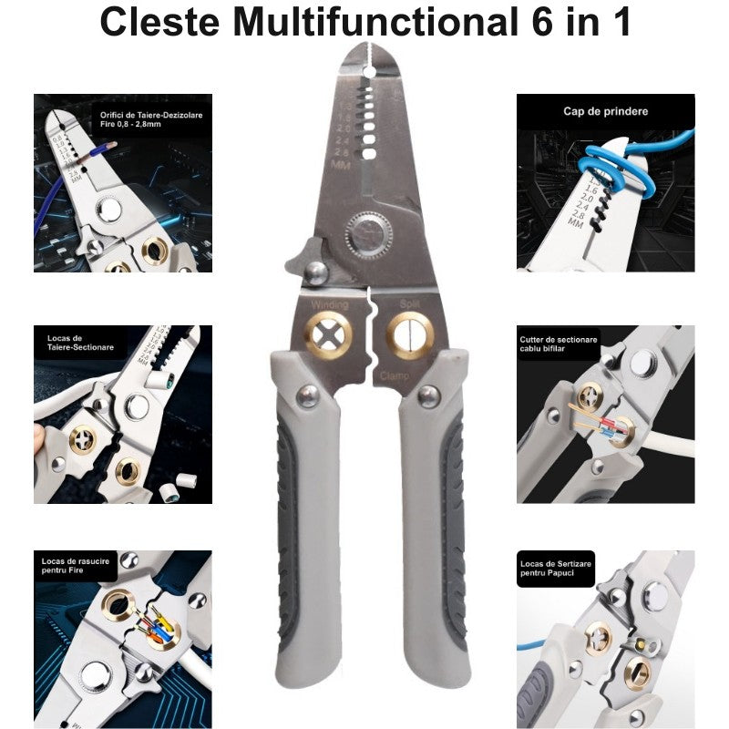 Cleste electric multifunctional cu 6 functii: dezizolare, taiere, sertizare, rasucire si sectionare cablu bifilar