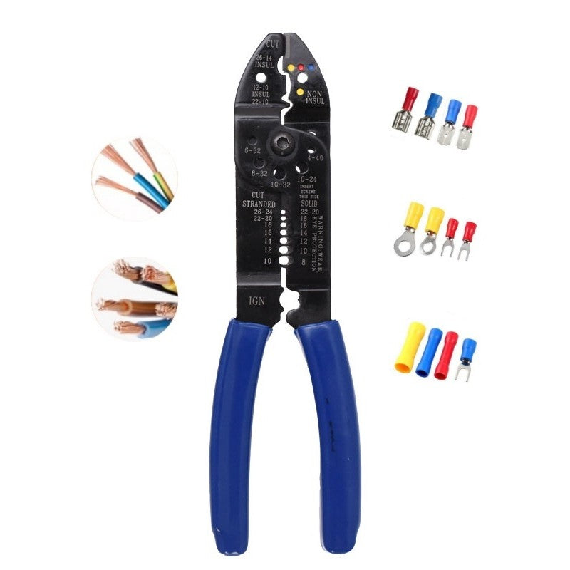 Cleste sertizat 7 in 1 cu accesorii — papuci electrici colorati si fire electrice compatibile AWG 10-26