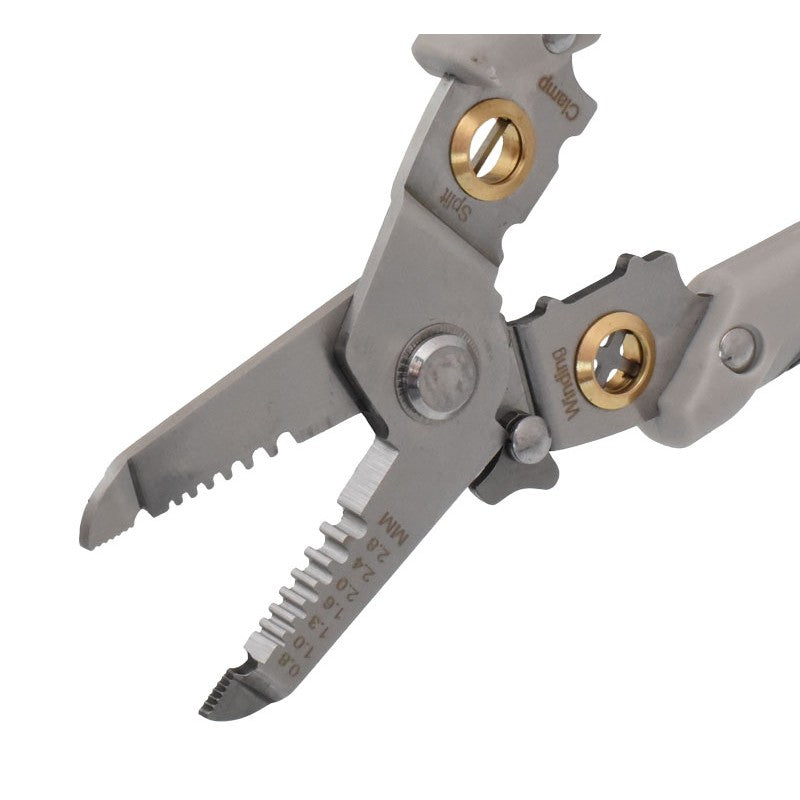 Cleste multifunctional deschis, detaliu lame calibrate 0,8-2,8mm si mecanisme de prindere cu insertii bronz