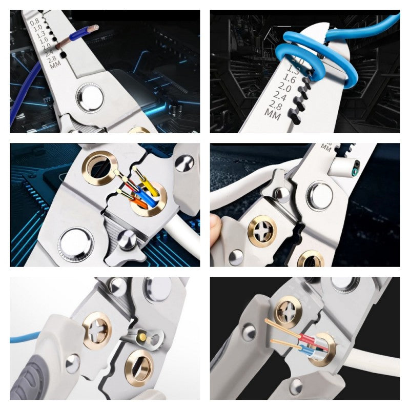 Cleste multifunctional in actiune: dezizolare, rasucire fire, sertizare conectori si sectionare cablu bifilar
