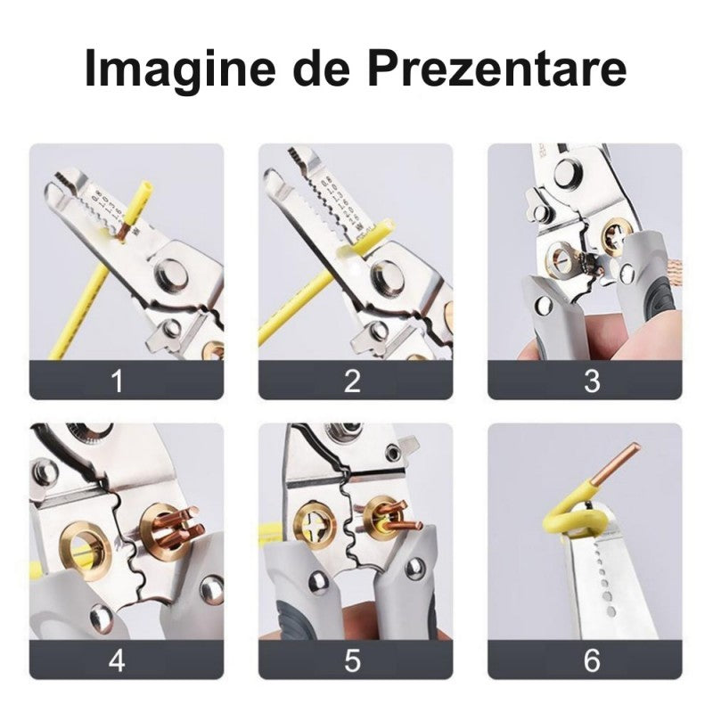 Cleste multifunctional 6 in 1, ghid vizual in 6 pasi pentru dezizolare si sertizare fire electrice