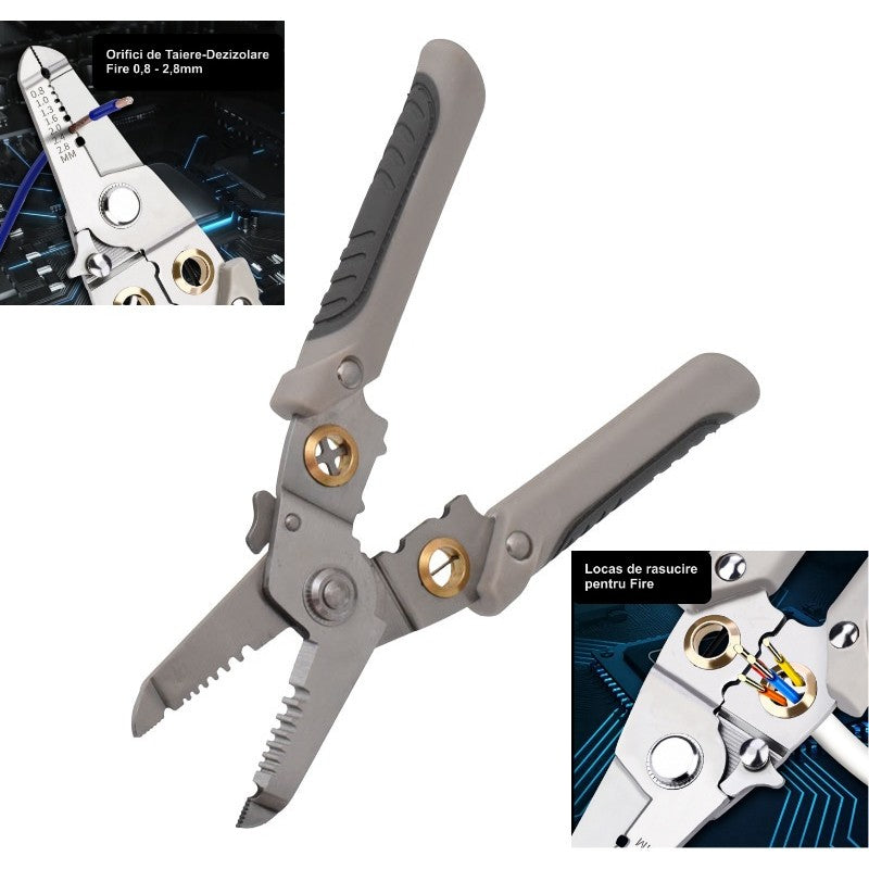 Cleste multifunctional deschis cu detalii orificii dezizolare 0,8-2,8mm si locas rasucire fire colorate